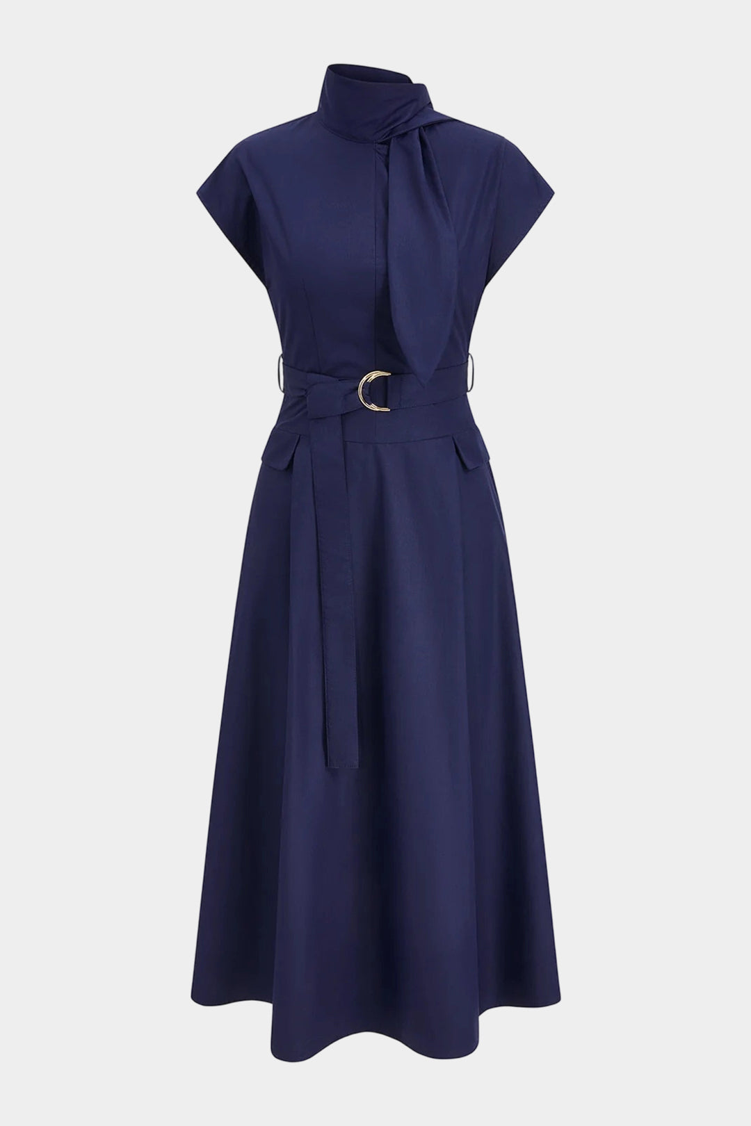Mock Neck Asymmetrical Belted Sleeveless Midi Dress