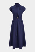 Mock Neck Asymmetrical Belted Sleeveless Midi Dress