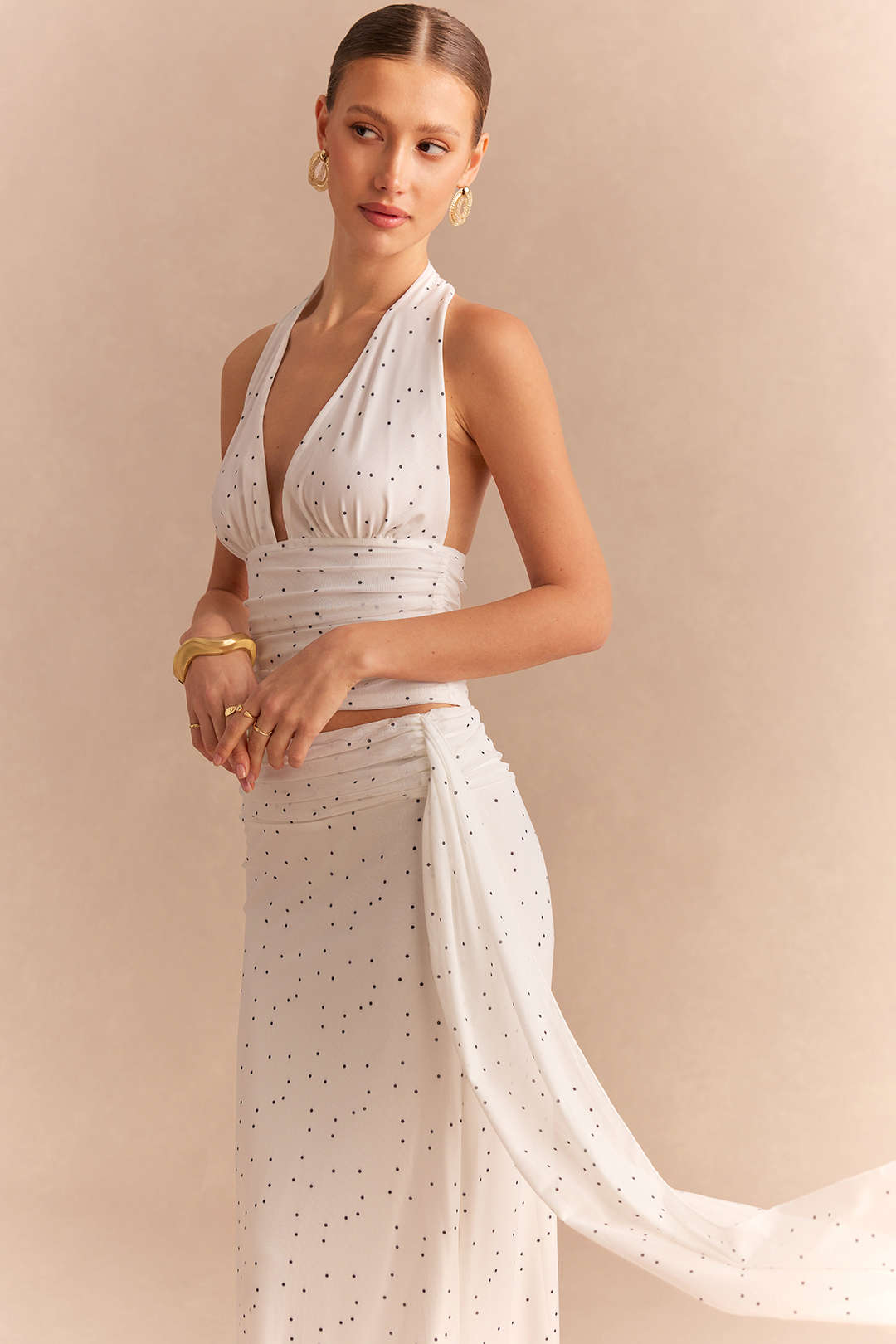 Polka Dots Print Mesh Halter Neck Backless Tank Top And High Waist Asymmetrical Skirt Set