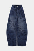 Denim Floral Print Zipper Barrel Jeans
