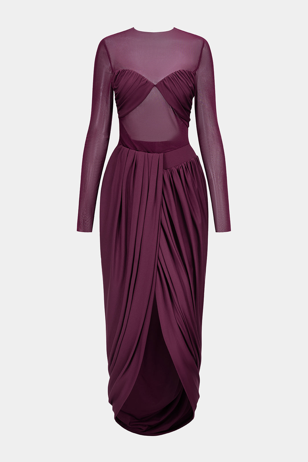 Mesh Patchwork Round Neck Ruched Long Sleeve Midi Dress