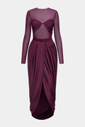 Mesh Patchwork Round Neck Ruched Long Sleeve Midi Dress