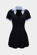 Striped Contrast Round Neck Button Short Sleeve Mini Dress