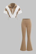Contrast Print Lapel Drawstring Short Sleeve Top And Pants Set