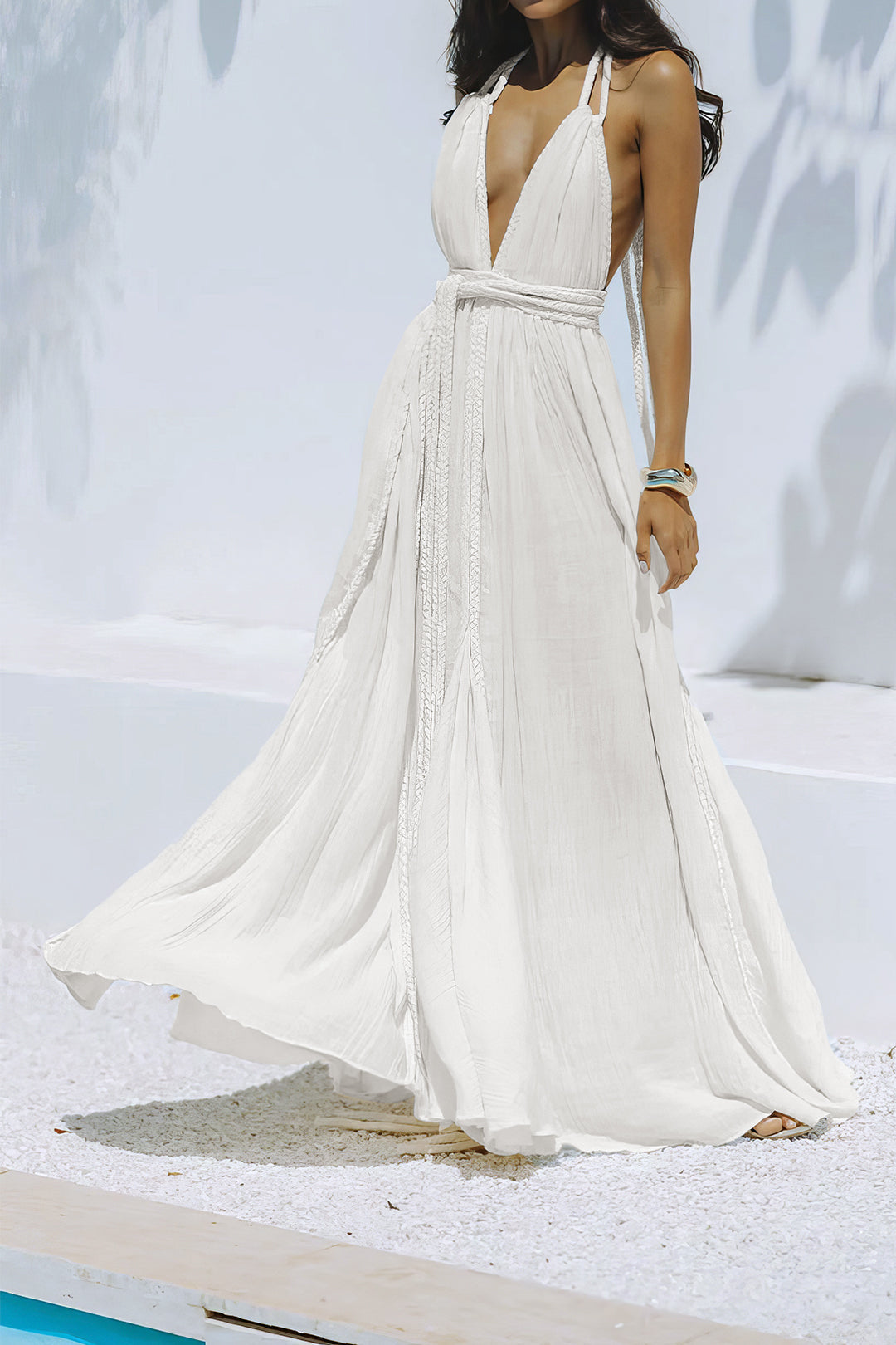 Halter V-Neck Belted Backless Sleeveless Maxi Dress