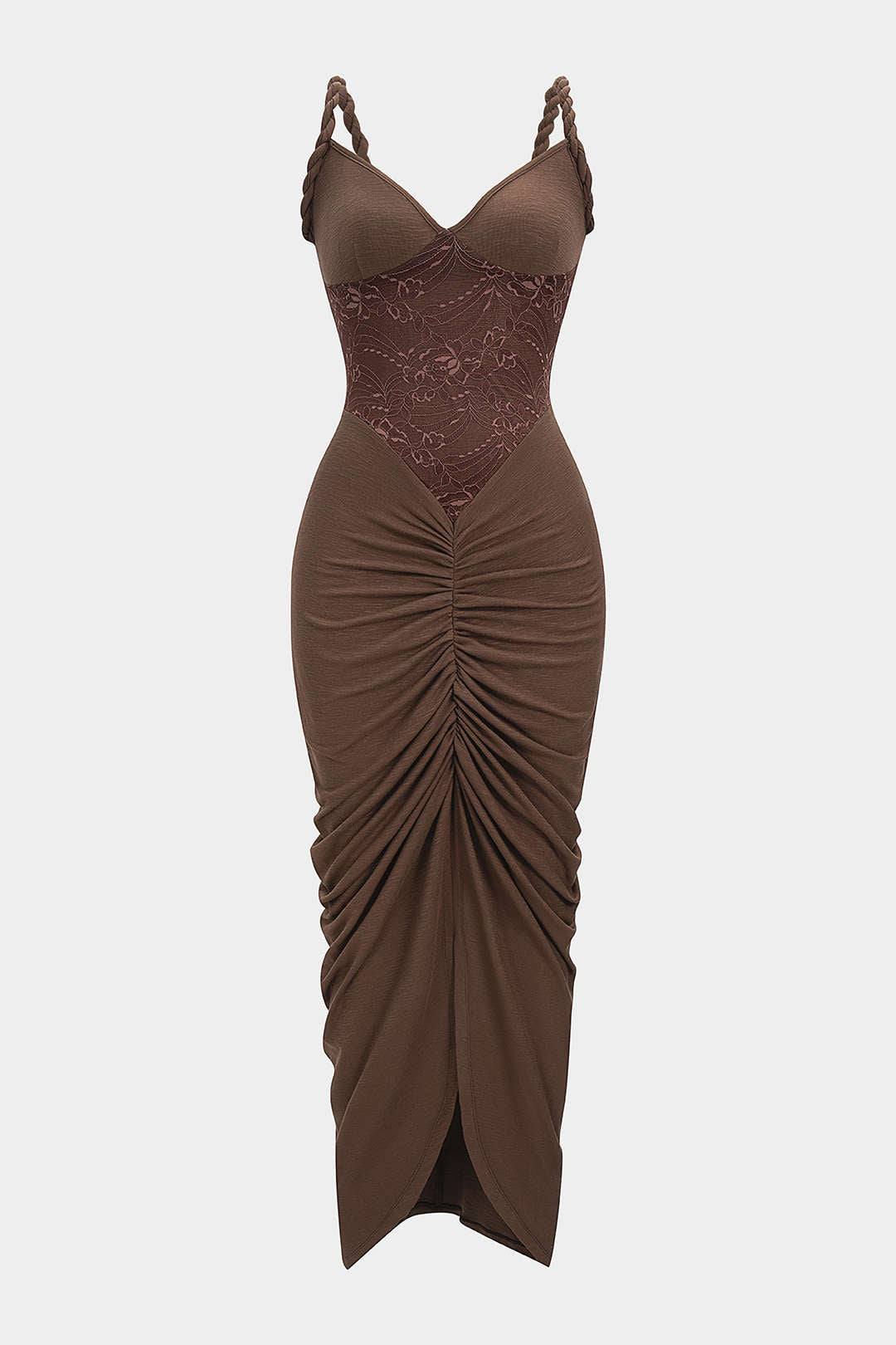 Lace Patchwork Ruched Twist Knot Slip Sleeveless Maxi Dress