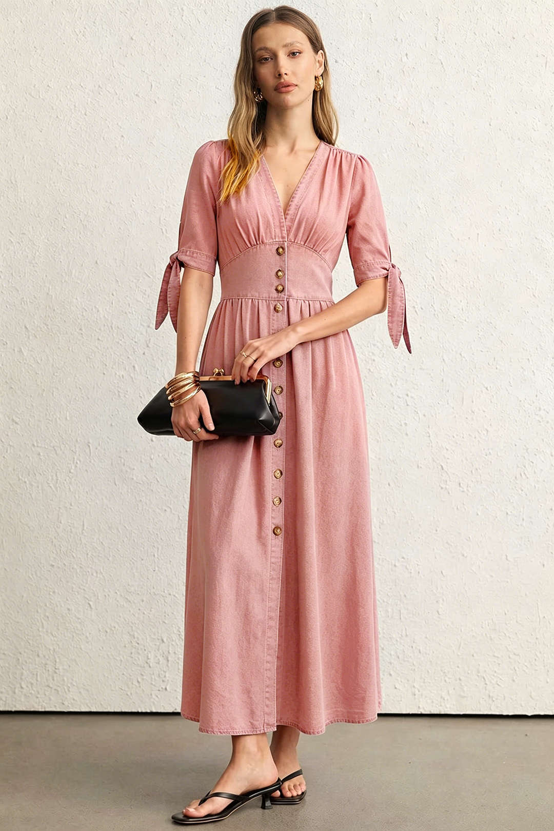 Denim V-Neck Ruched Button Tie-Up Short Sleeve Dress