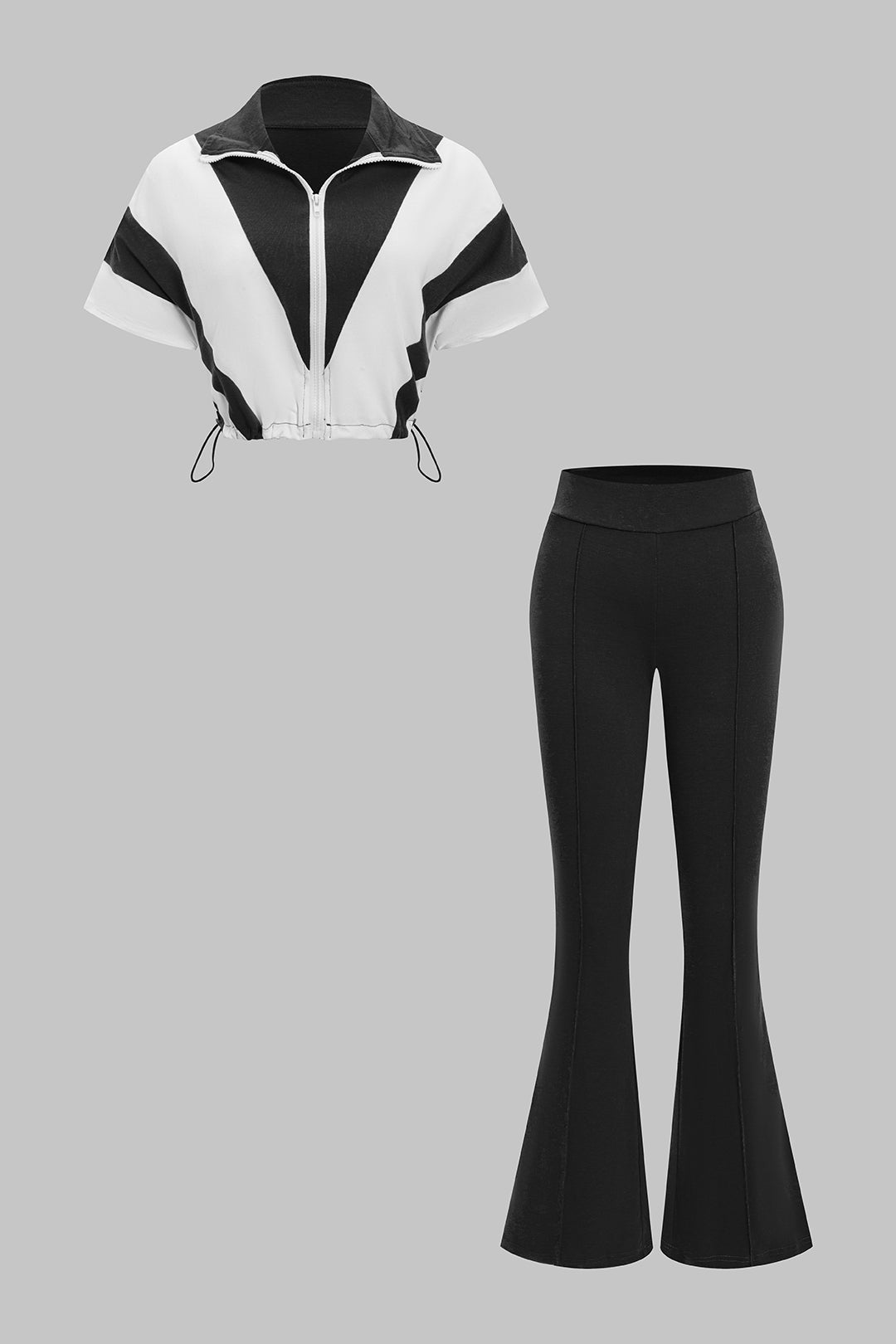 Contrast Print Lapel Drawstring Short Sleeve Top And Pants Set