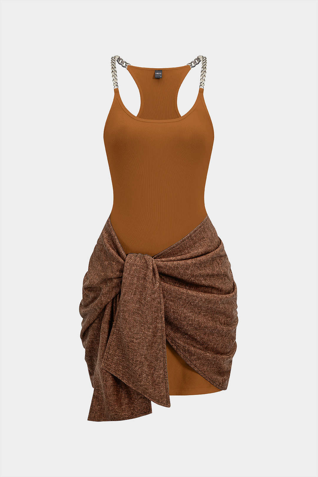 Tie Front Ruched Metallic Chain Patchwork Sleeveless Mini Dress