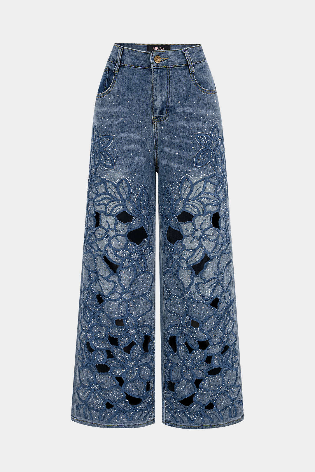 Denim Embroidery Rhinestone Cut Out Wide Leg Jeans