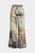 Retro Denim Print Button Wide Leg Pants