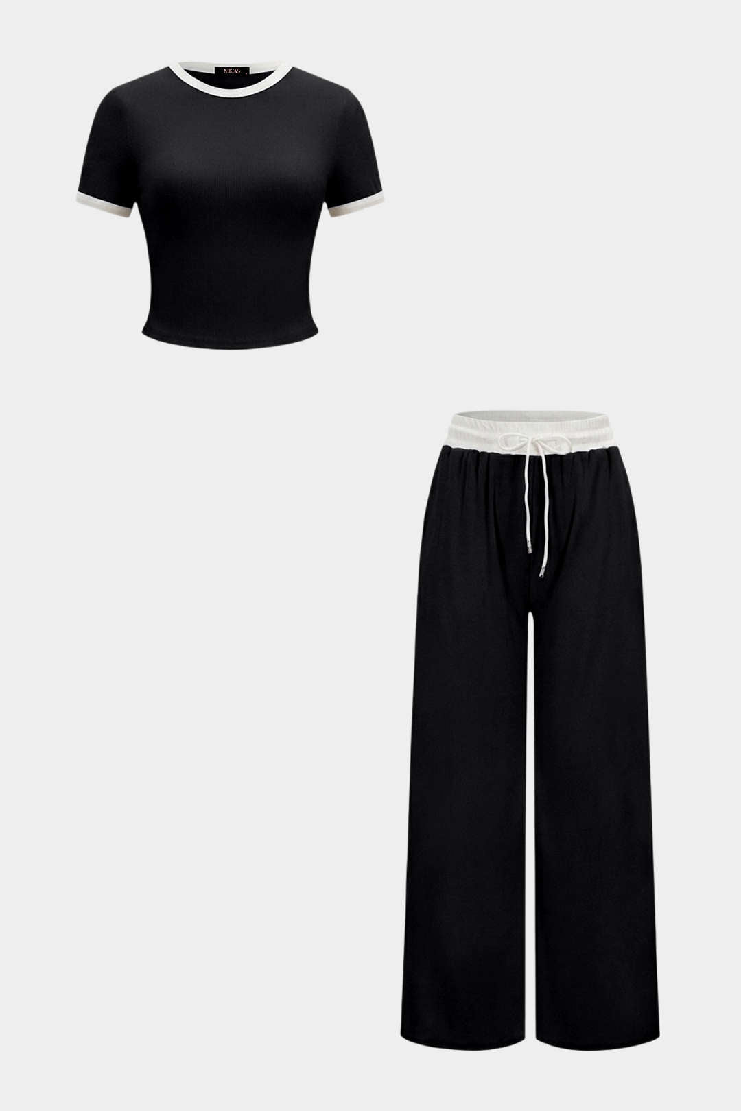 Contrast Round Neck Short Sleeve T-Shirt And Tie-Up Pants Set