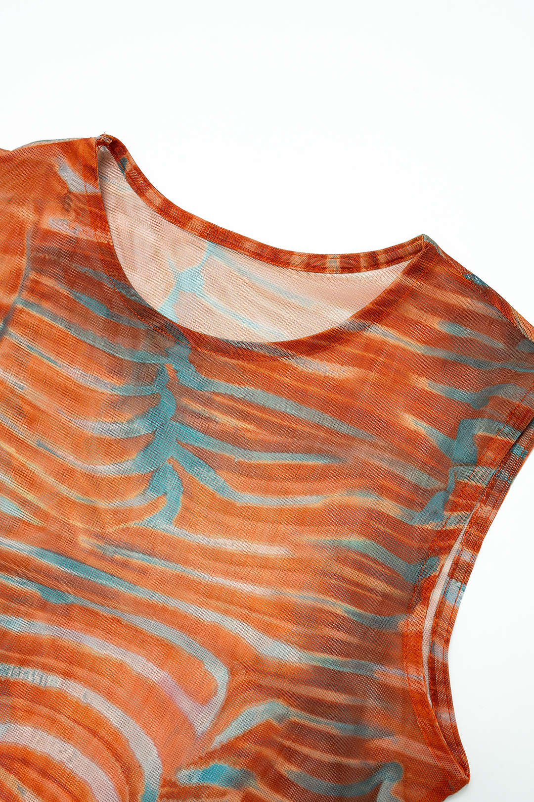 Abstract Print Mesh Sleeveless Bodysuit And Ruched Skirt Set