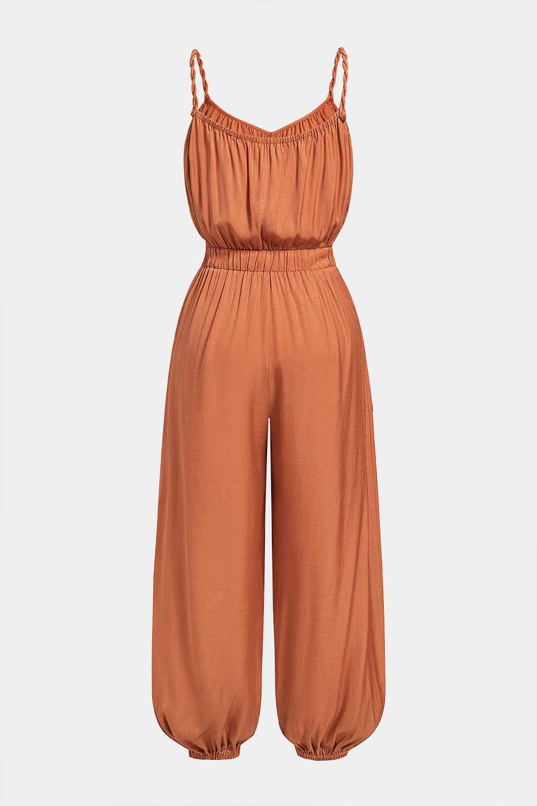 V-Neck Twist Knotted Ruched Sleeveless Jumpsuit