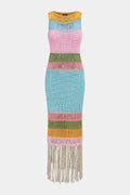 Knit Multicolor Round Neck Fringe Sleeveless Dress