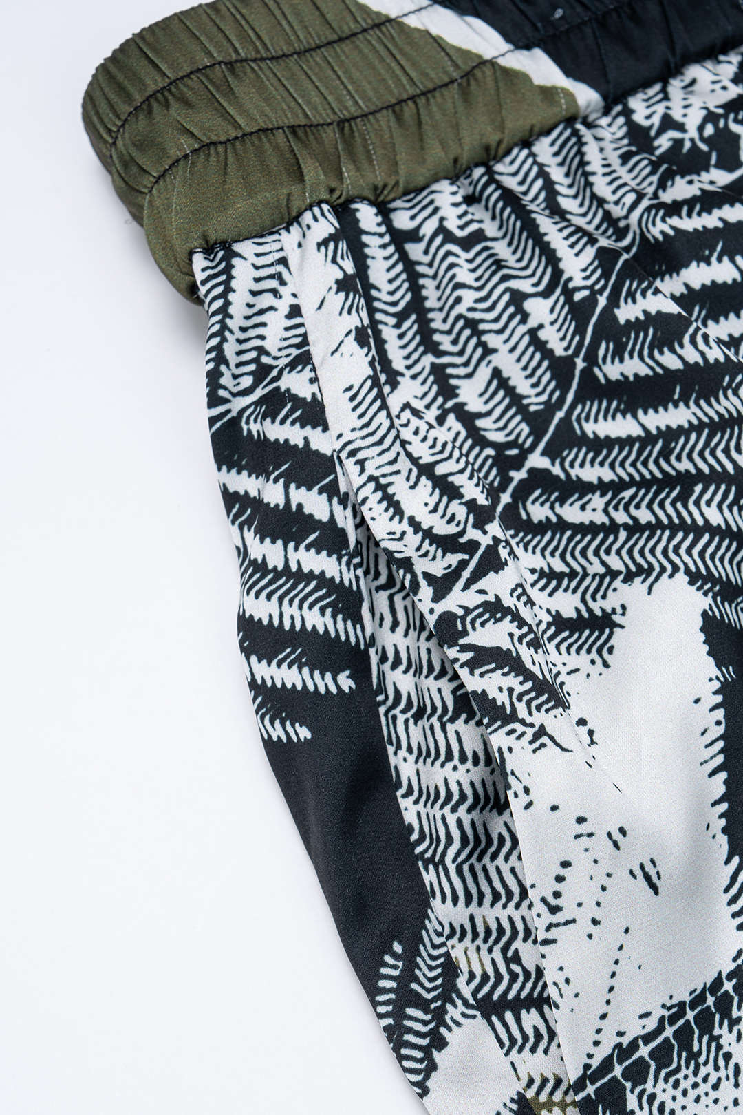 Leaves Contrast Print Satin Shirred Waistband Wide Leg Pants