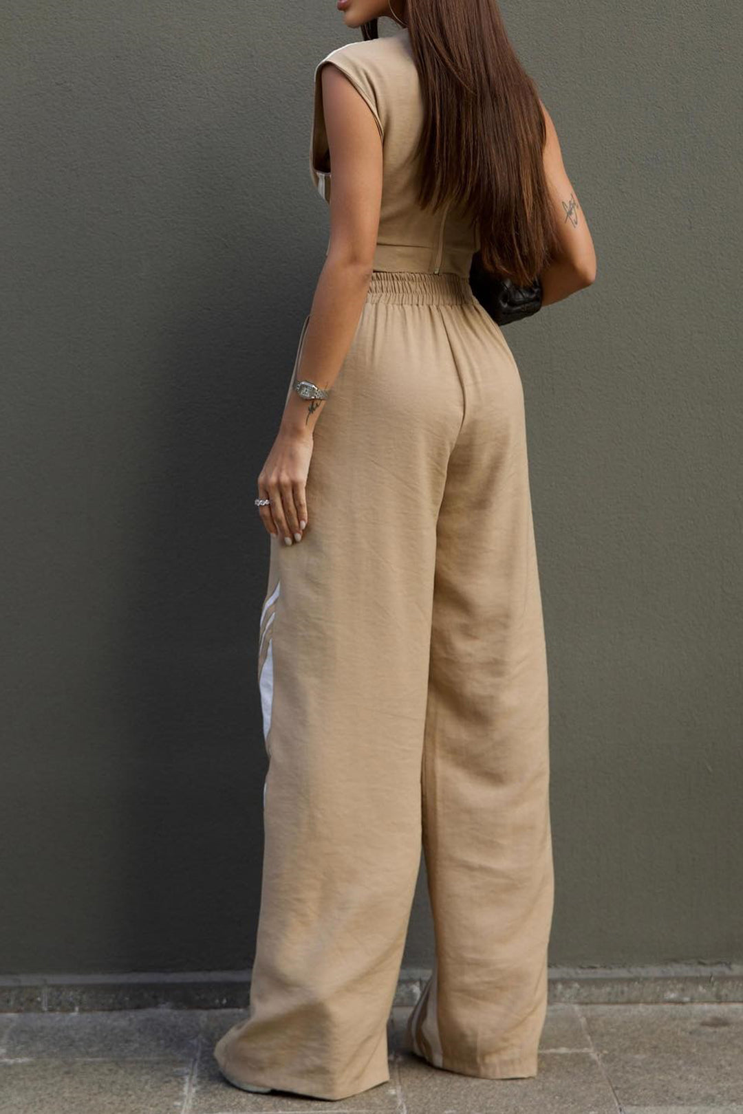 Contrast Stripes Tank Top And Drawstring Waistband Wide Leg Pants Set