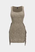 Square Neck Sleeveless Fringe Trim Mini Dress