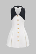 Contrast Lapel V-neck Metallic Sleeveless Mini Dress