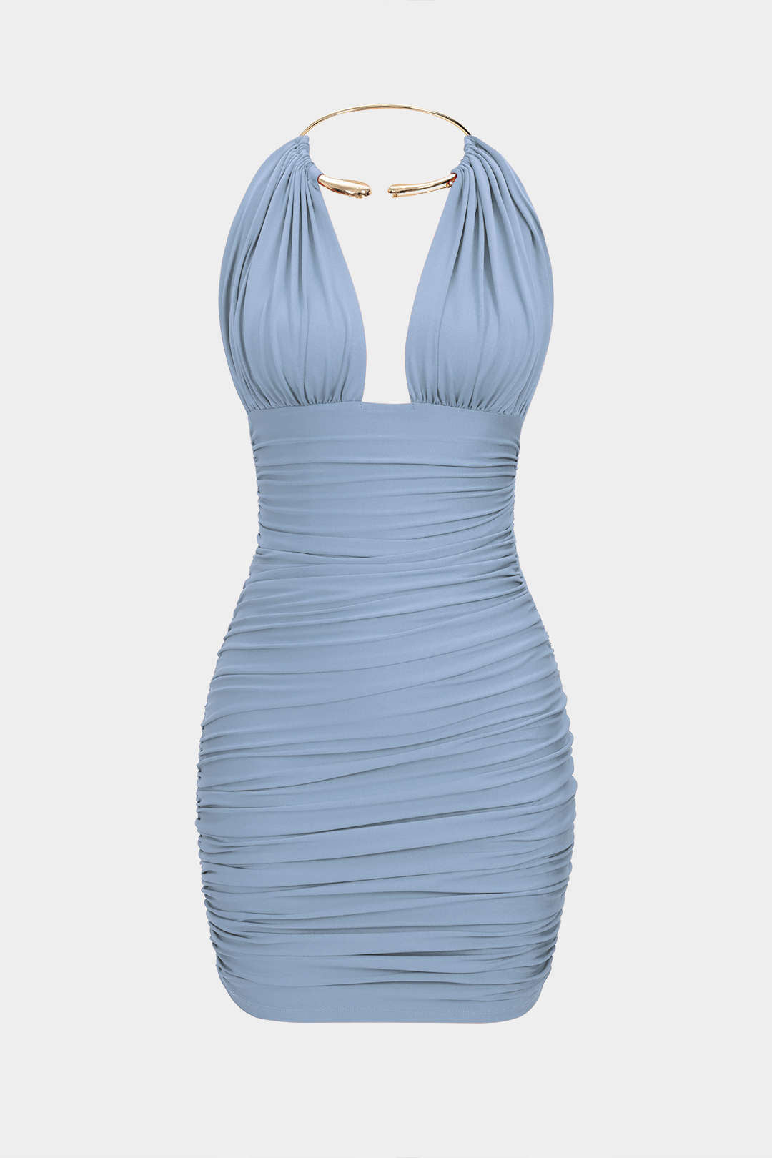 Metallic Halter Backless Ruched Sleeveless Mini Dress
