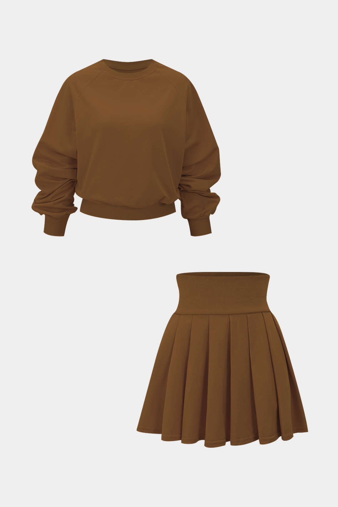 Solid Long-Sleeve Top And Pleated Skirt Set