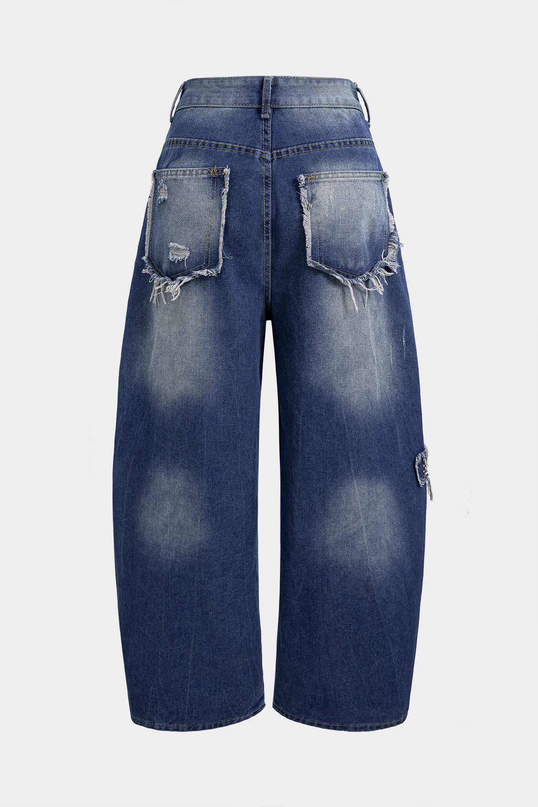 Denim Letter Print Frayed Studded Pocket Wide Leg Jeans