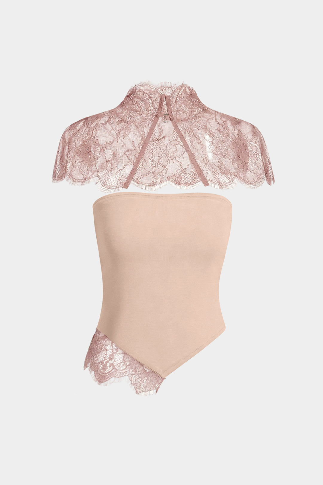 Lace Trim Patchwork Asymmetrical Tube Top With Sheer Shawl