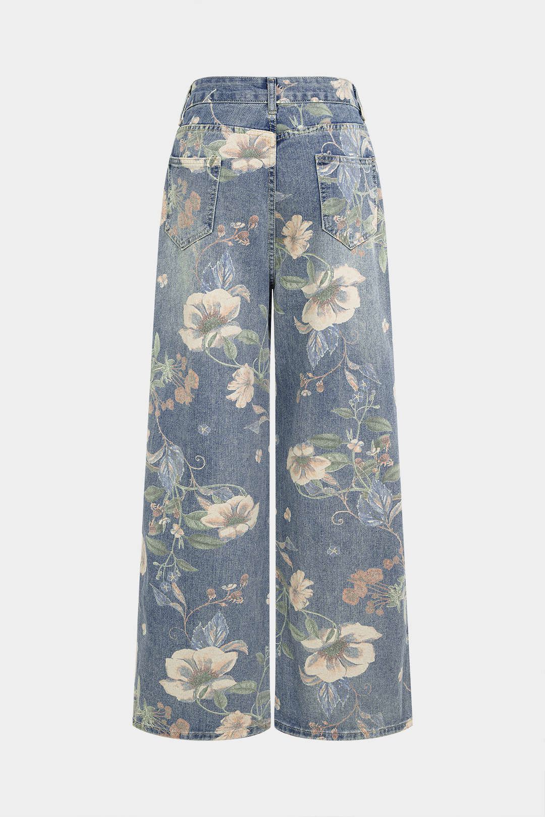 Denim Floral Print High Waist Straight Leg Jeans