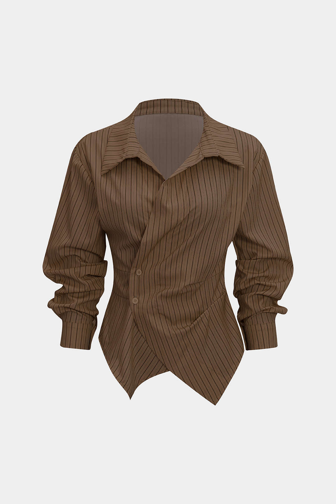 Stripes Print V-Neck Ruched Long-Sleeve Shirt