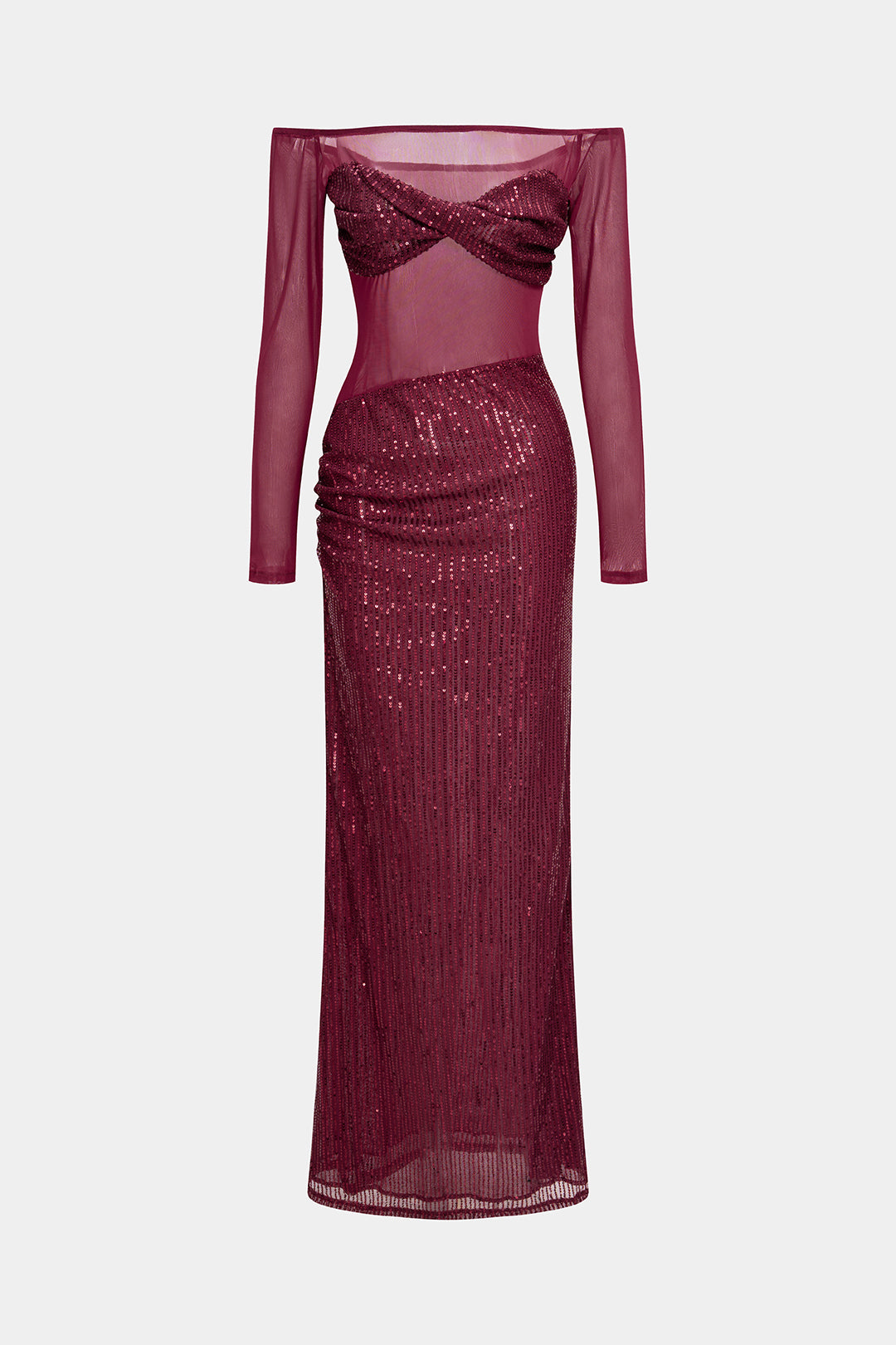 Mesh Patchwork Sequin Off Shoulder Ruched Long Sleeve Maxi Dress