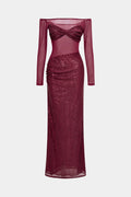 Mesh Patchwork Sequin Off Shoulder Ruched Long Sleeve Maxi Dress