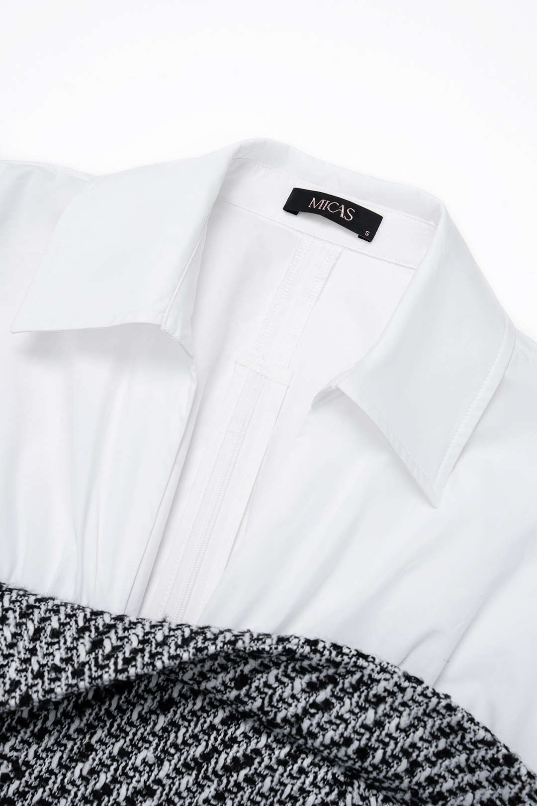 Tweed Patchwork Asymmetrical Gigot Long-Sleeve Shirt