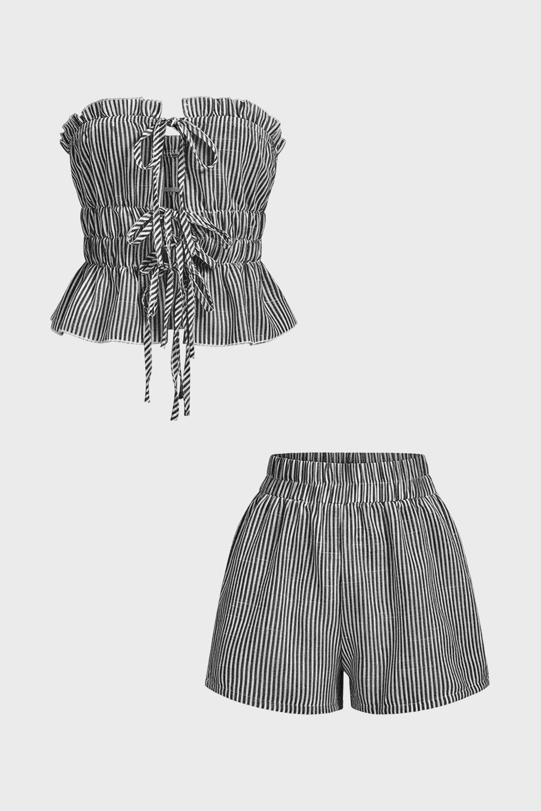Stripes Print Ruffle Tie-Up Tube Top And Shirred Waistband Shorts Set