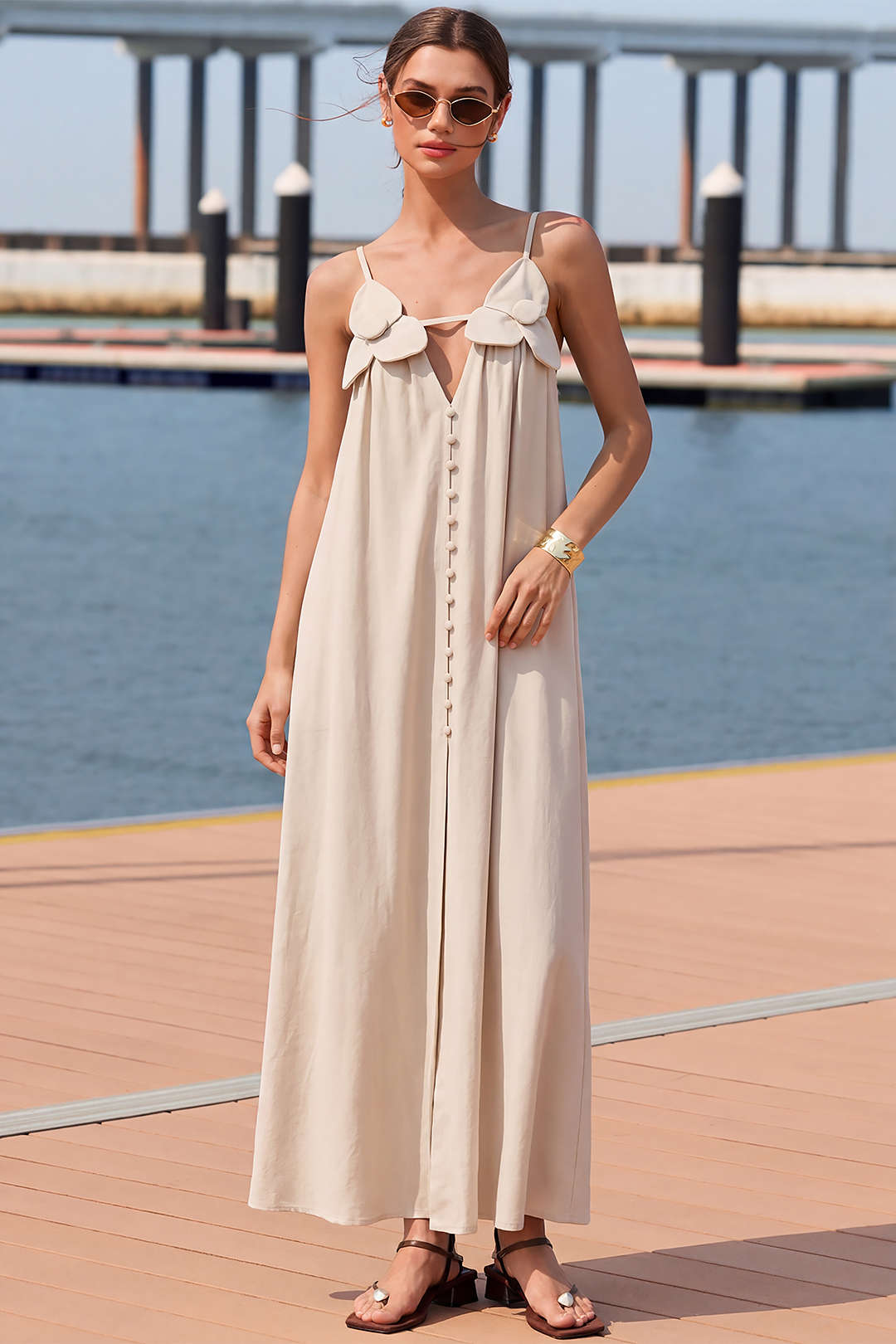 Linen 3D Floral V-Neck Button Sleeveless Slip Maxi Dress