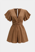 V-Neck Ruched Tie-Up Short Sleeve Romper