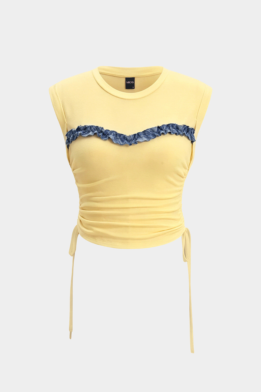 Patchwork Round Neck Tie-Up Short Sleeve T-Shirt
