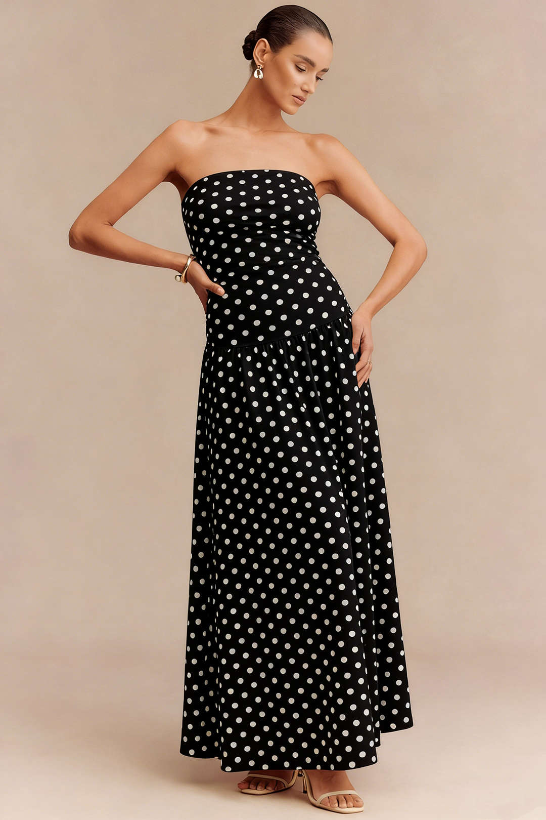 Polka Dots Print Strapless Sleeveless Maxi Dress