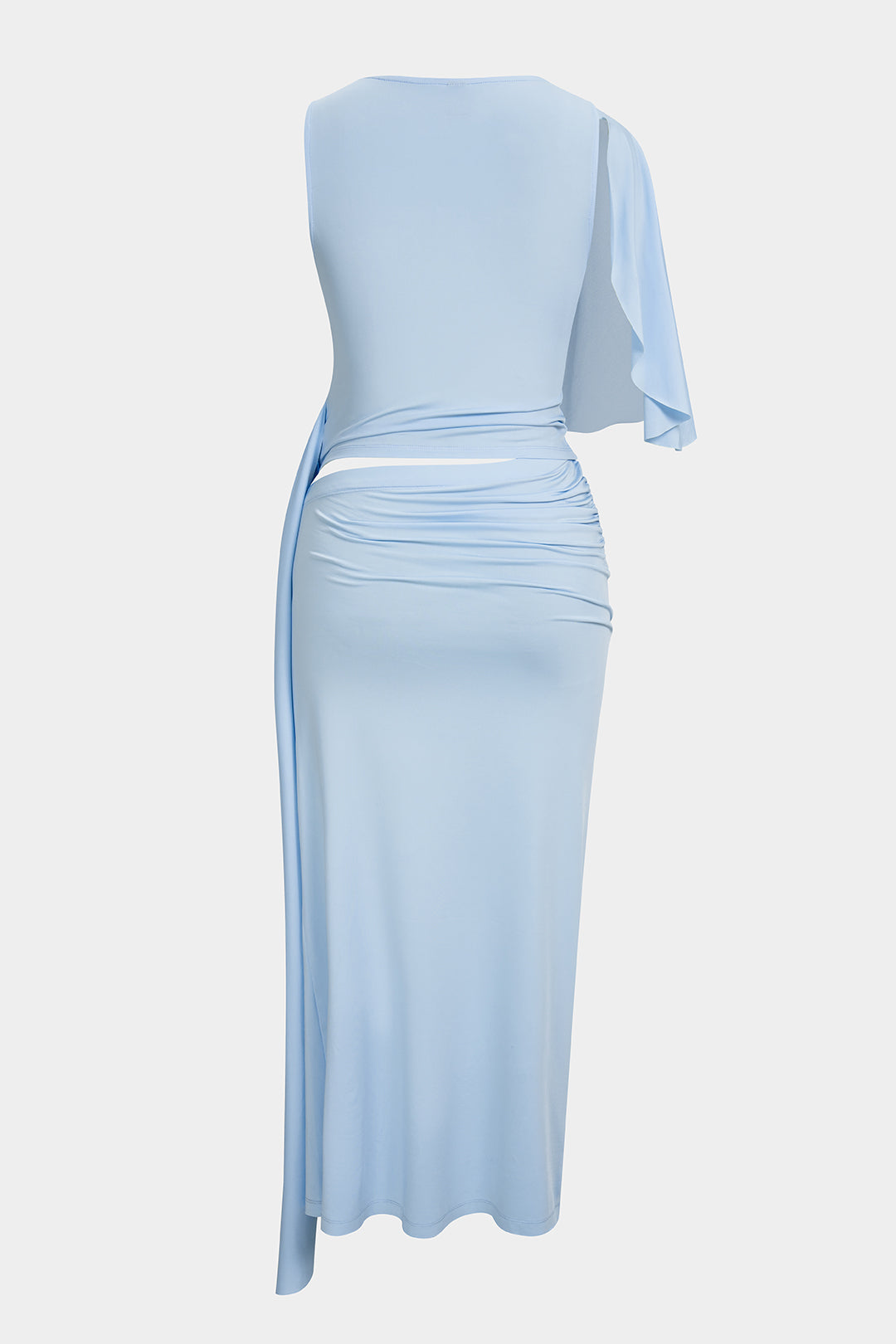 Solid V-Neck Asymmetrical Ruched Sleeveless Maxi Dress