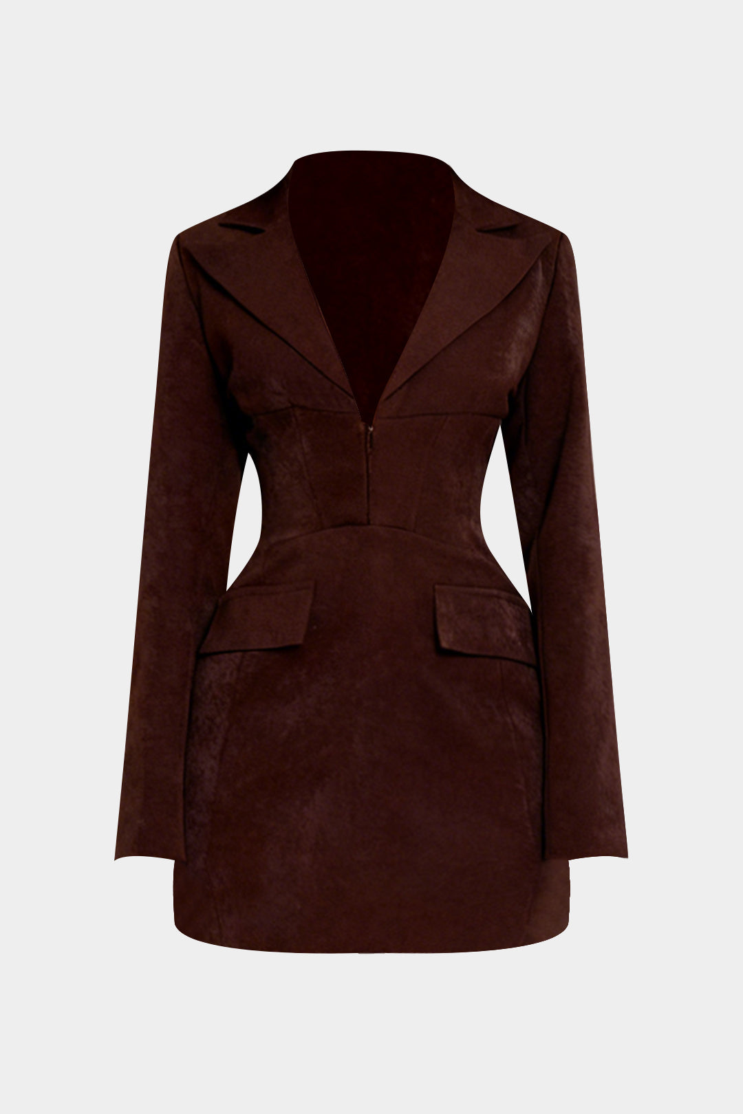 Notched Lapel V-Neck Zipper Long Sleeve Mini Dress
