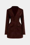 Notched Lapel V-Neck Zipper Long Sleeve Mini Dress