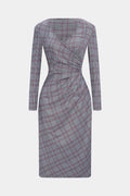 Plaid Print V-Neck Asymmetrical Ruched Long Sleeve Midi Dress