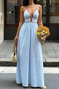 Contrast Stripes Print V-Neck Halter Neck Sleeveless Maxi Dress