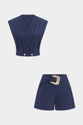 Metallic V-Neck Pleated Tank Top And Belted Shorts Set