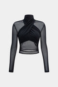 Mesh Sheer Ruched Long-Sleeve Top