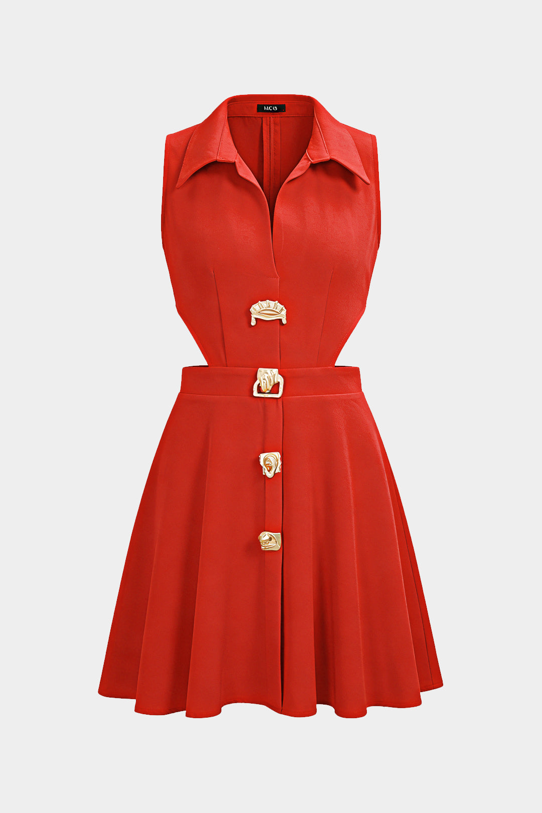 Lapel Metallic Irregular Button Cut Out Sleeveless Mini Dress