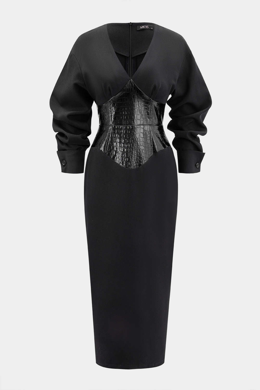 Crocodile Print Faux Leather Patchwork Long Sleeve Maxi Dress
