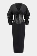 Crocodile Print Faux Leather Patchwork Long Sleeve Maxi Dress