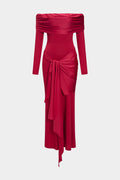 Off Shoulder Ruched Knotted Long-Sleeve Maxi Dress