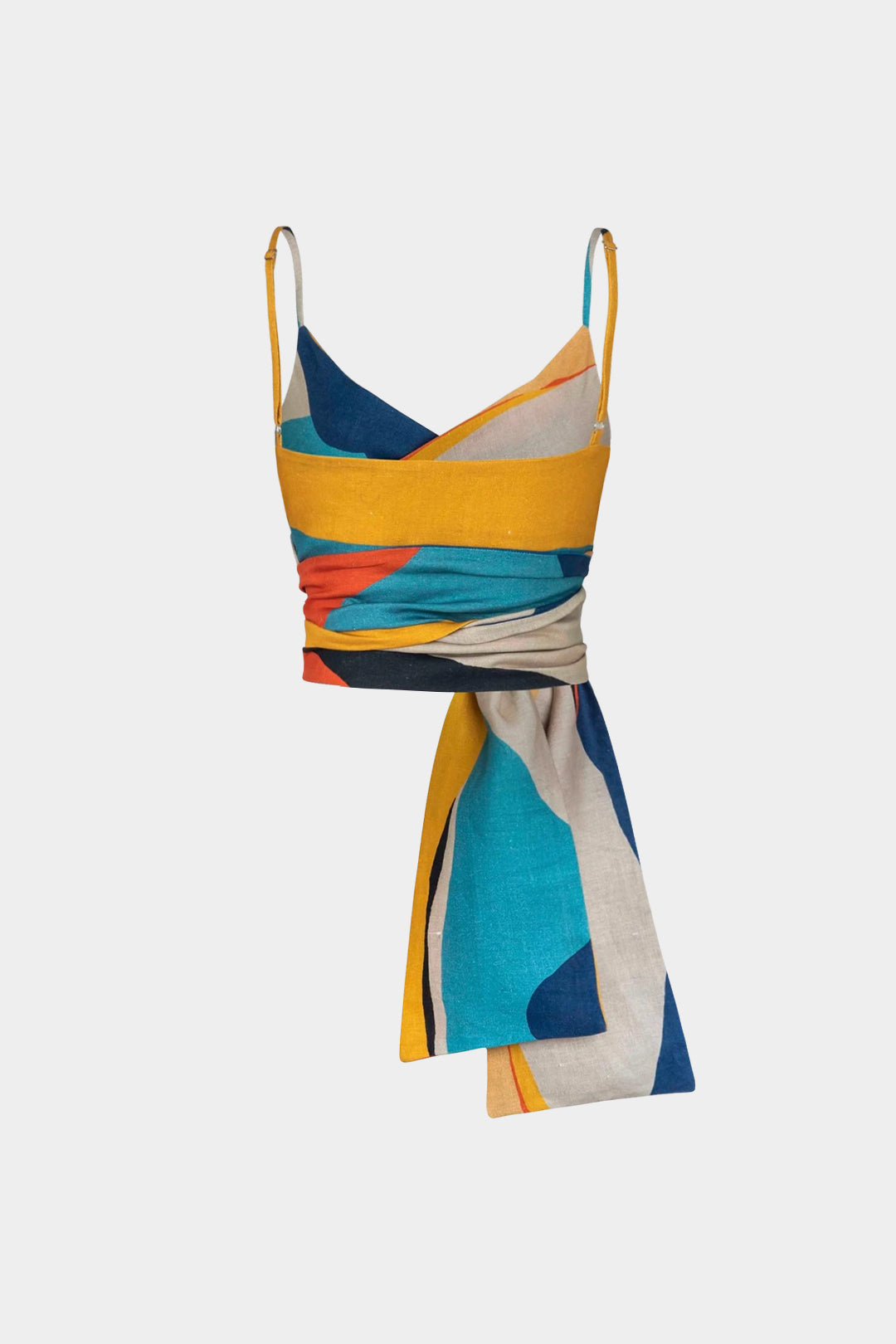 Geometric Print Linen Knotted Ruched Cami Top