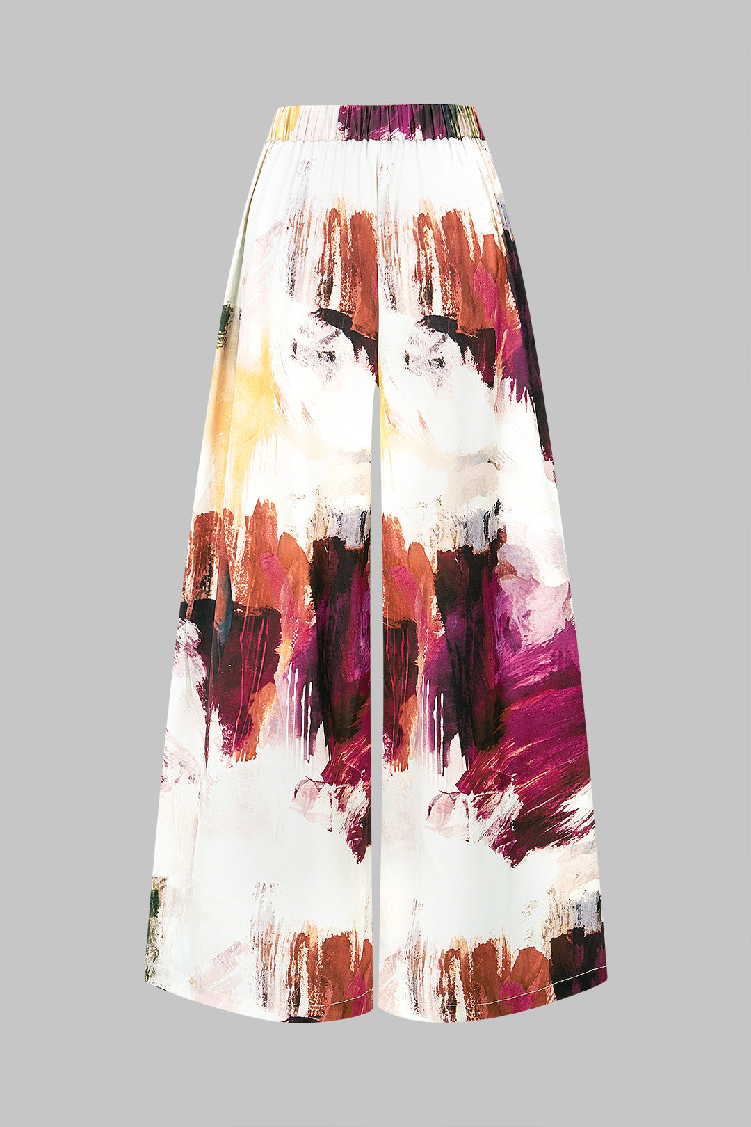 Graffiti Print Satin Shirred Waistband Wide Leg Pants